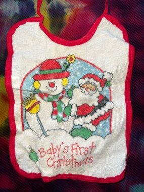 ☃️ VTG Baby's First Christmas Terrycloth Bib Santa Snowman Plastic Back